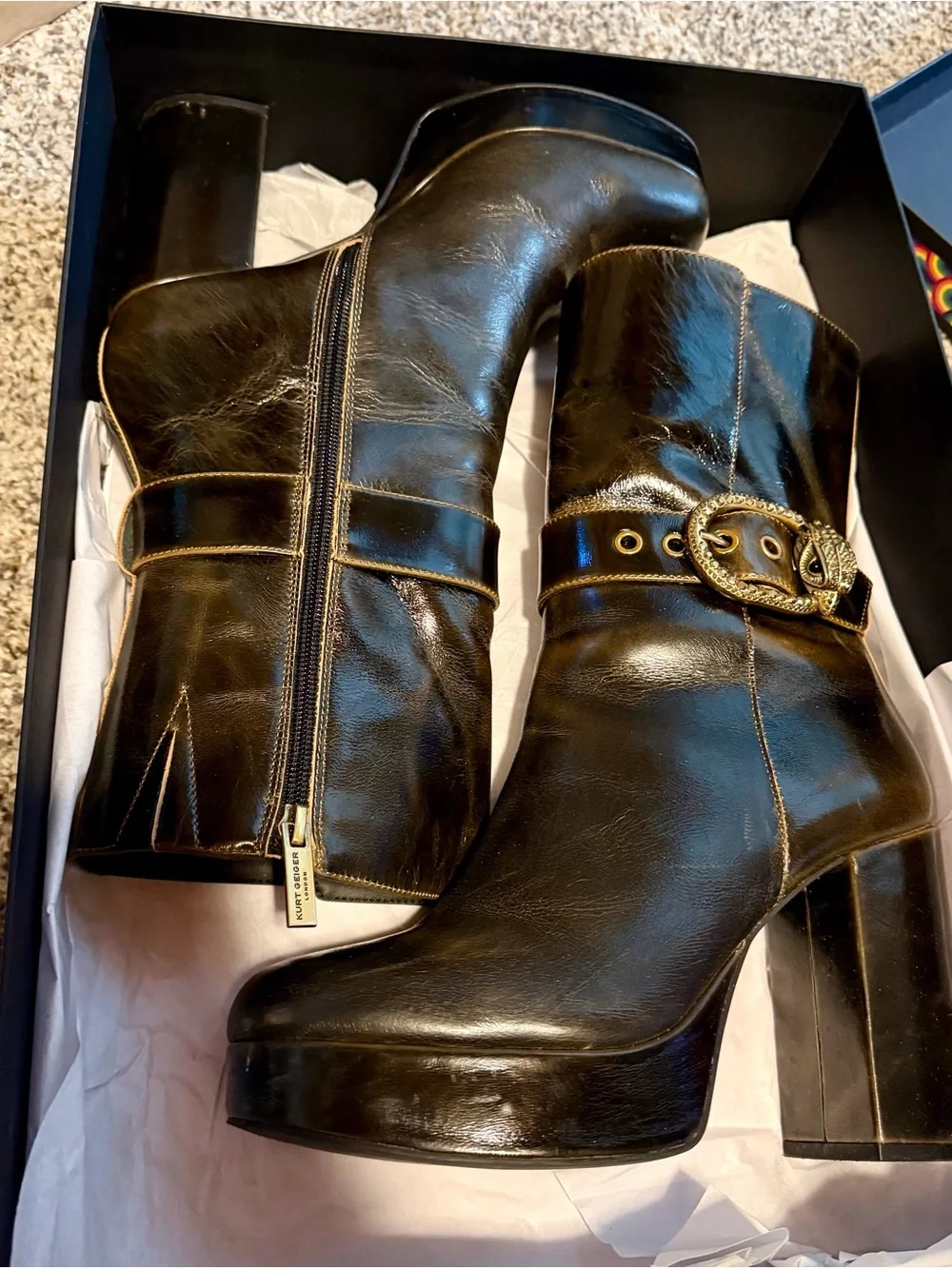 Kurt Geiger Brown Leather Platform Boots with Gold Buckle Accent